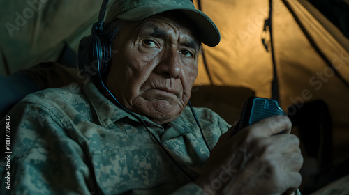 A Native American Code Talker from World War II, sitting in a military tent with a radio in hand, transmitting crucial coded messages during a battle. Code Talker transmitting messages in World War II photo