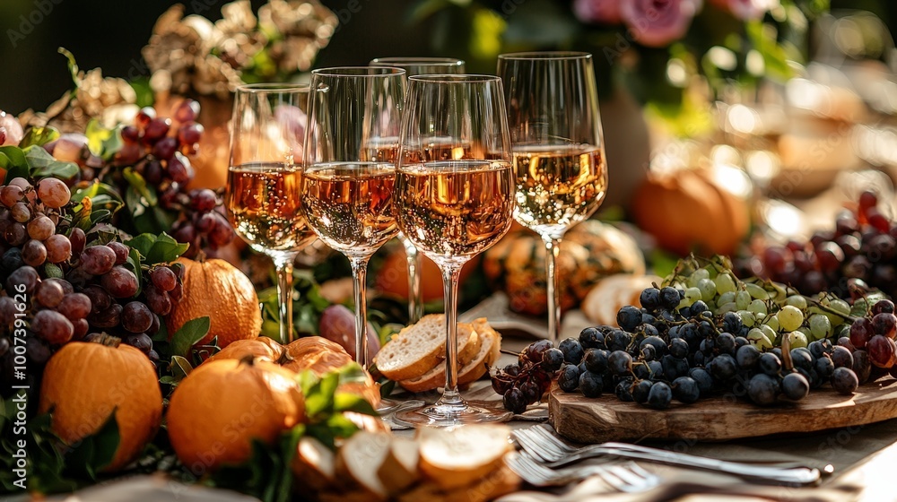 A beautifully arranged table with wine glasses, fruits, and decorative elements for a gathering. A beautifully arranged table with wine glasses, fruits, and decorative elements for a gathering.