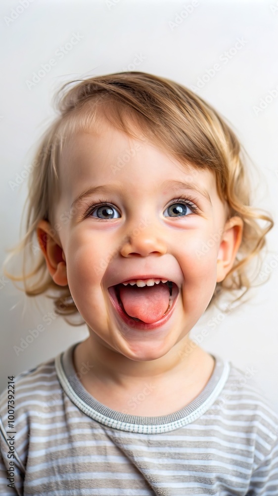 Child boy showing tongue pulls ears teases on a gray background Child boy showing tongue pulls ears teases on a gray background