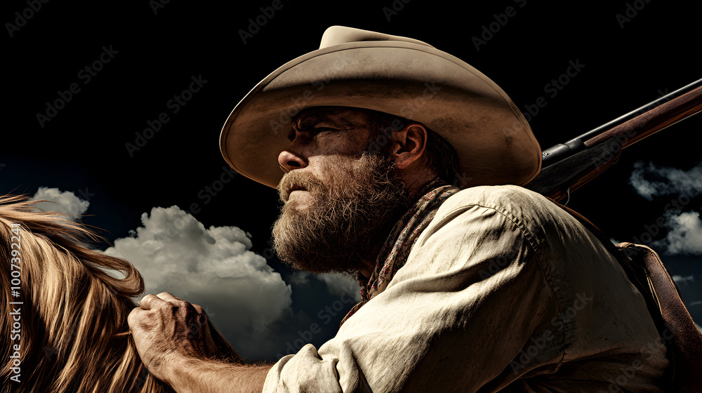 A Rough Rider, dressed in a campaign hat and bandana, sitting atop a ...