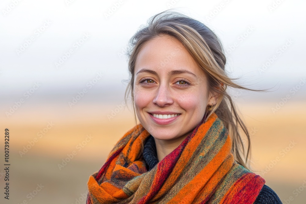 A smiling woman is bundled up in a blanket in an autumnal park in a portrait A smiling woman is bundled up in a blanket in an autumnal park in a portrait