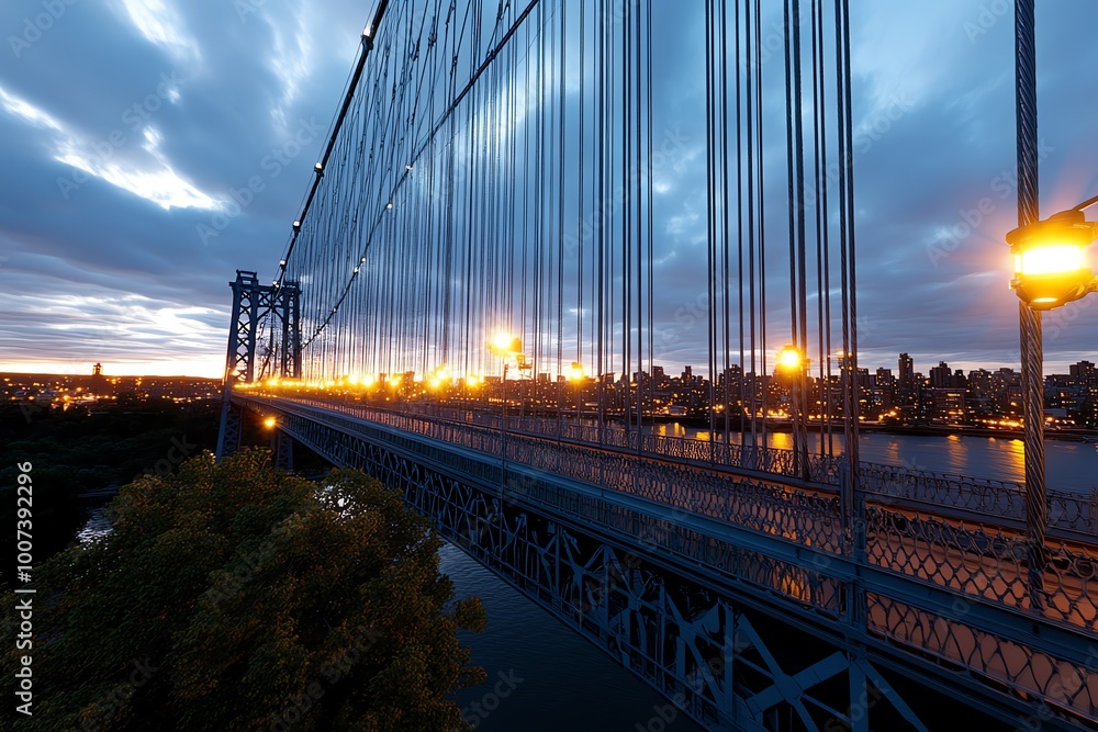 Obraz premium A hyper-realistic image of an urban bridge at sunset, where the cables, steel, and lights are captured in vivid detail, highlighting the scale and precision of city infrastructure.