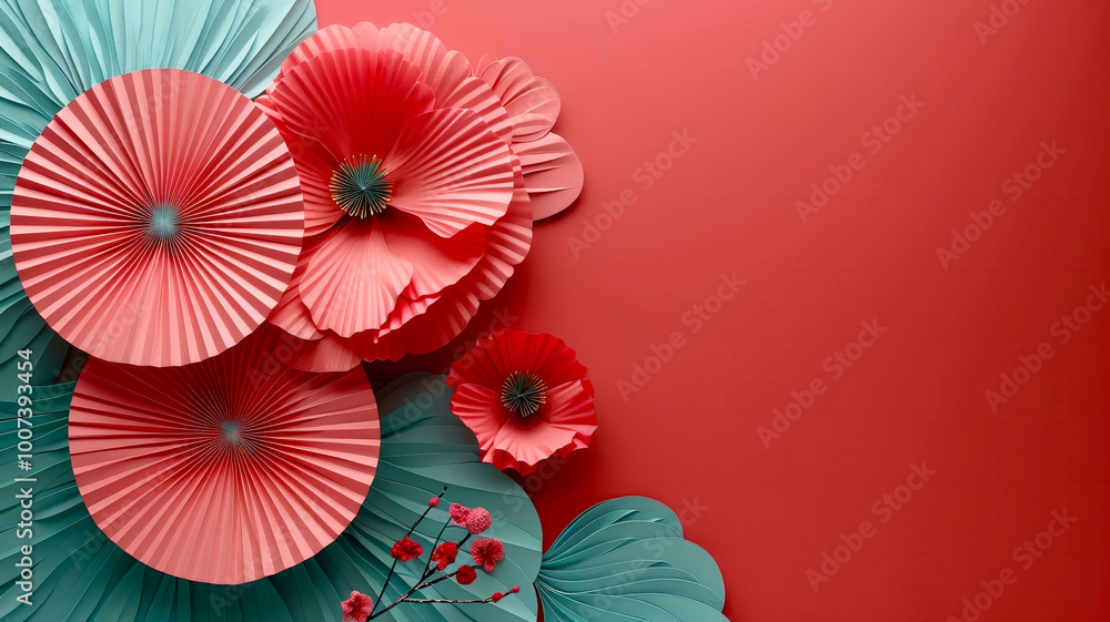 Obraz premium A vibrant display of handmade paper flowers in shades of pink and turquoise is beautifully arranged on a bright red background, creating a stunning visual effect perfect for festive occasions.