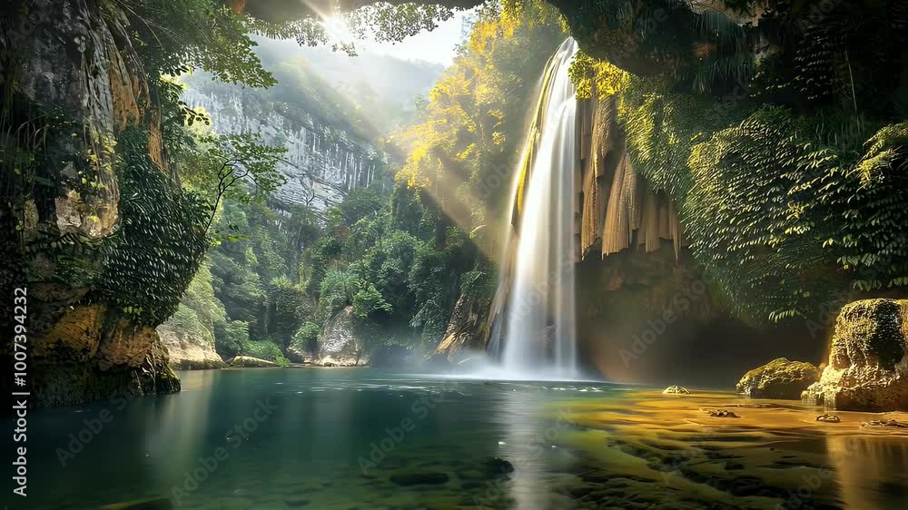 A breathtaking view of a waterfall cascading down a rocky cliff face, with sunlight streaming through the lush foliage. A breathtaking view of a waterfall cascading down a rocky cliff face, with sunlight streaming through the lush foliage.
