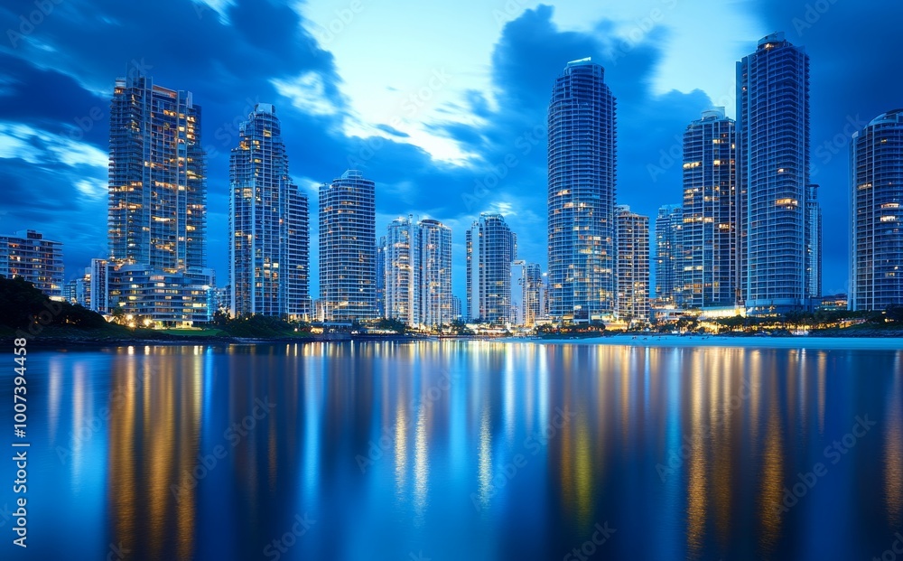 Fototapeta premium At night, Surfers Paradise high rise buildings illuminated by the sun