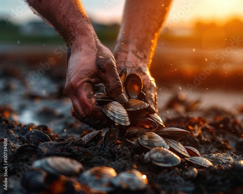 Clam digging on a sandy beach, rustic and practical, Coastal, Cool tones, Photograph, Seaside activity photo