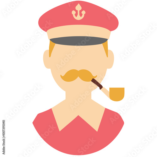  Nautical Captain Illustration with Pipe and Mustache in Pink Uniform Vector Art