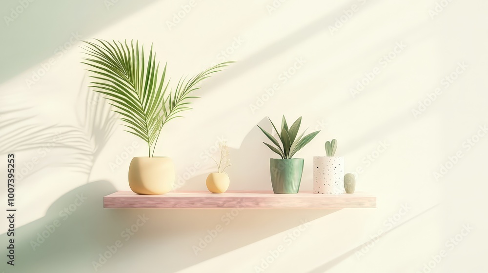 Modern Decorative Shelves with Vibrant Green Plant in Elegant Interior Setting Modern Decorative Shelves with Vibrant Green Plant in Elegant Interior Setting