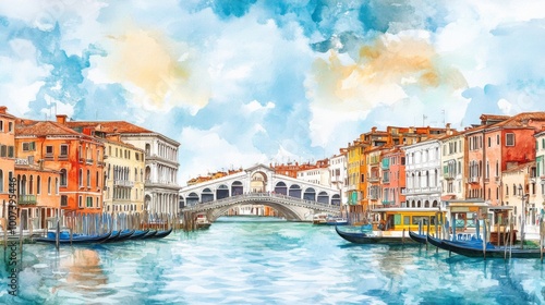 Watercolor painting of the Rialto Bridge in Venice, Italy.