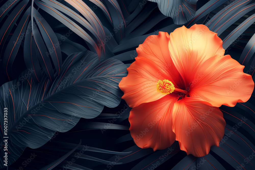 Obraz premium A bright orange hibiscus flower stands out against lush, dark tropical leaves, creating a striking contrast in a tranquil environment, showcasing the beauty of nature and floral diversity.