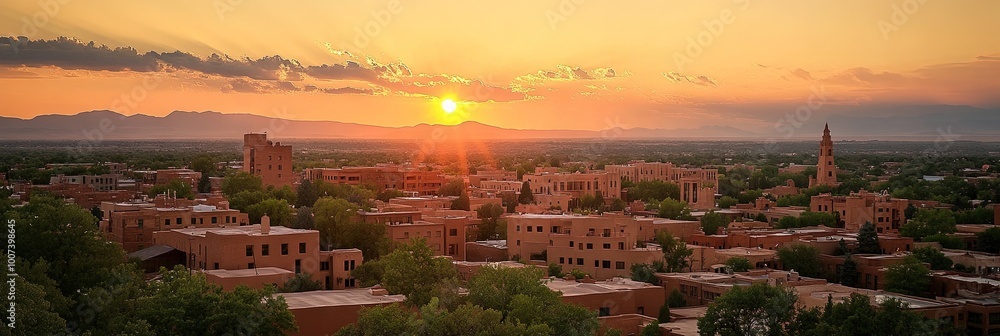 Fototapeta premium city of santa fe new mexico, traditional pueblo and spaniard architecture, skyline of city, sunset 