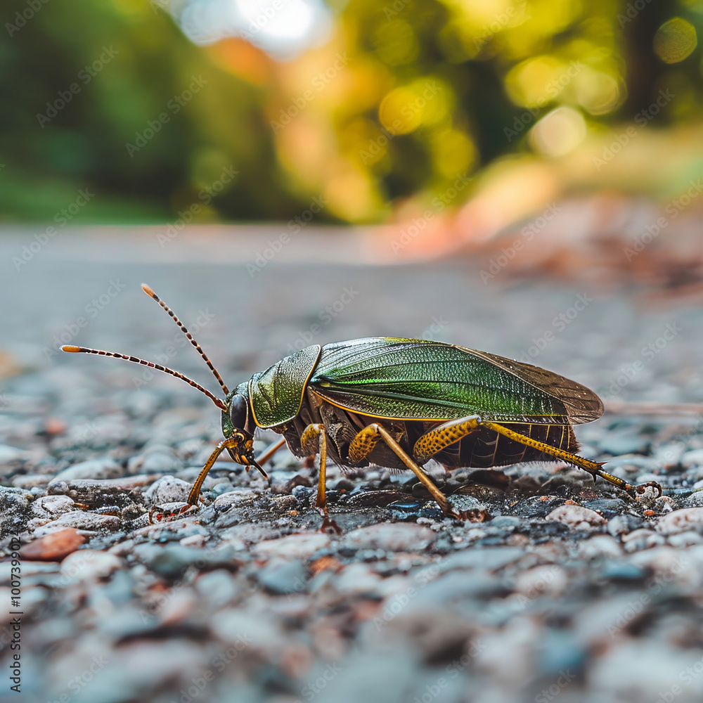 A cockroach is seen crawling along a gravel path on a sunny afternoon, surrounded by lush greenery and blurred trees in the background, showcasing the beauty of nature in a peaceful setting. A cockroach is seen crawling along a gravel path on a sunny afternoon, surrounded by lush greenery and blurred trees in the background, showcasing the beauty of nature in a peaceful setting.