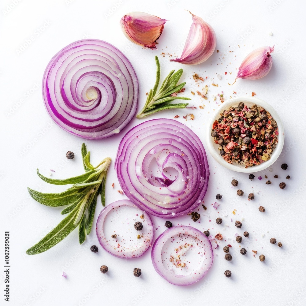 Colorful red onions sliced in beautiful spirals are artfully arranged with garlic and fresh herbs. A bowl of mixed spices adds flair and flavor. Perfect for food photography. AI