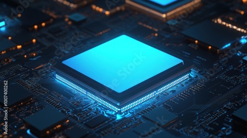 Blue glowing CPU on motherboard