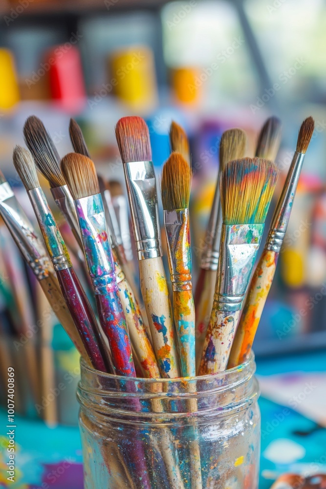 Fototapeta premium On a table, there are paintbrushes and utensils used to paint