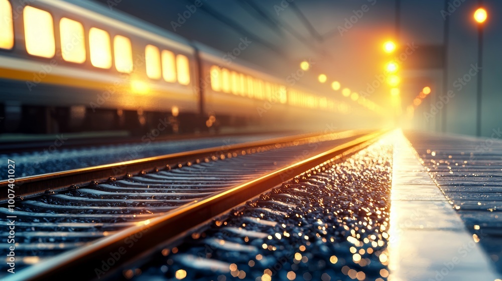 A train is traveling down a track with a bright yellow light in the background A train is traveling down a track with a bright yellow light in the background