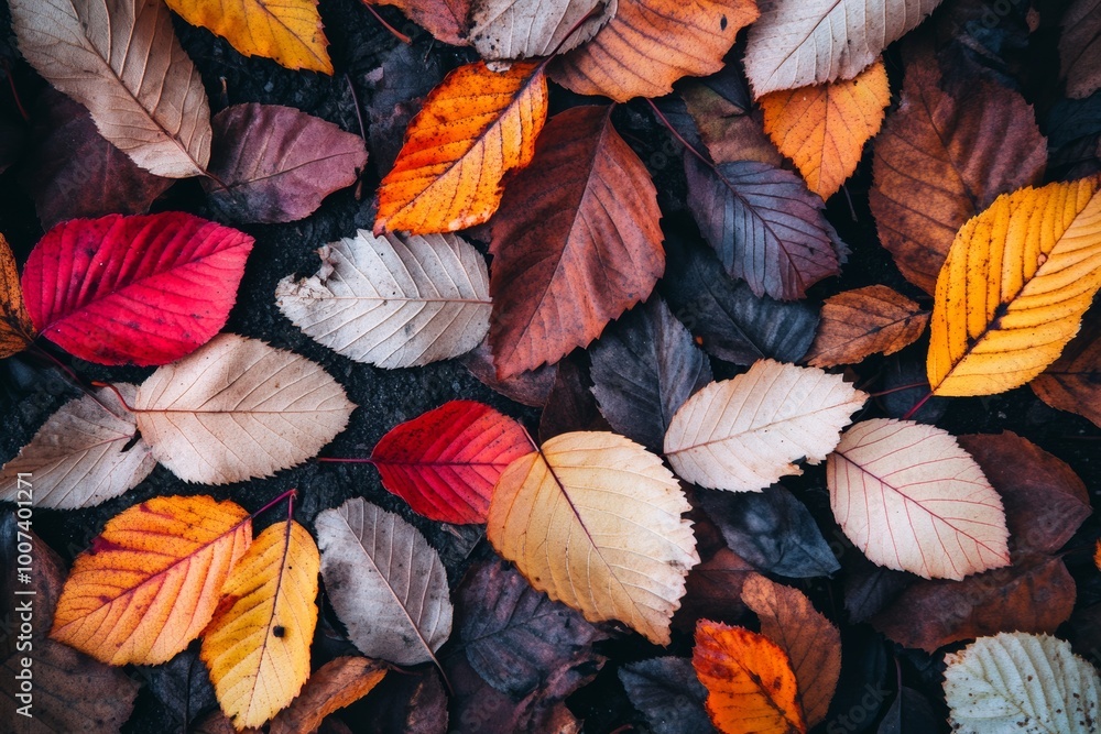 Fototapeta premium In autumn, fallen red and yellow leaves cover the ground