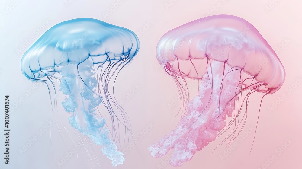Colorful jellyfish gracefully swim together in a tranquil underwater setting during a serene afternoon Colorful jellyfish gracefully swim together in a tranquil underwater setting during a serene afternoon