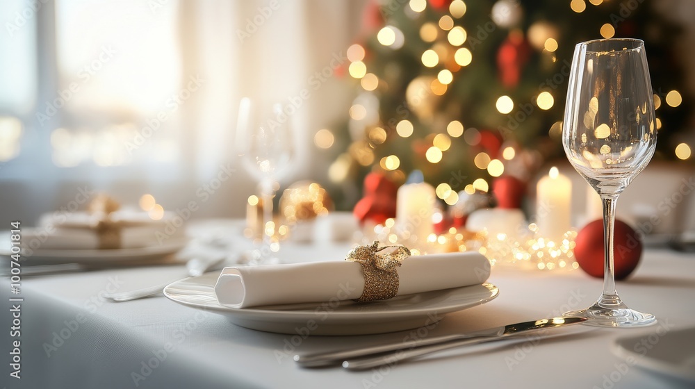A clean, white table with a blurry Christmas scene behind it. This image is perfect for showcasing your products or food.