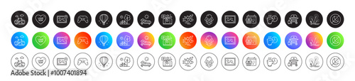 Fish school, Fireworks and Gas grill line icons. Round icon gradient buttons. Pack of Bike, Air balloon, Ice cream icon. Travel luggage, Christmas calendar, Photo location pictogram. Vector