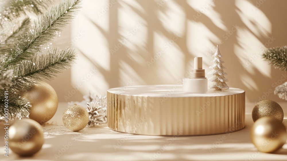 A fancy golden platform with Christmas ornaments on a light background. This setup is perfect for showing off products, especially cosmetics, in a luxurious way. A fancy golden platform with Christmas ornaments on a light background. This setup is perfect for showing off products, especially cosmetics, in a luxurious way.