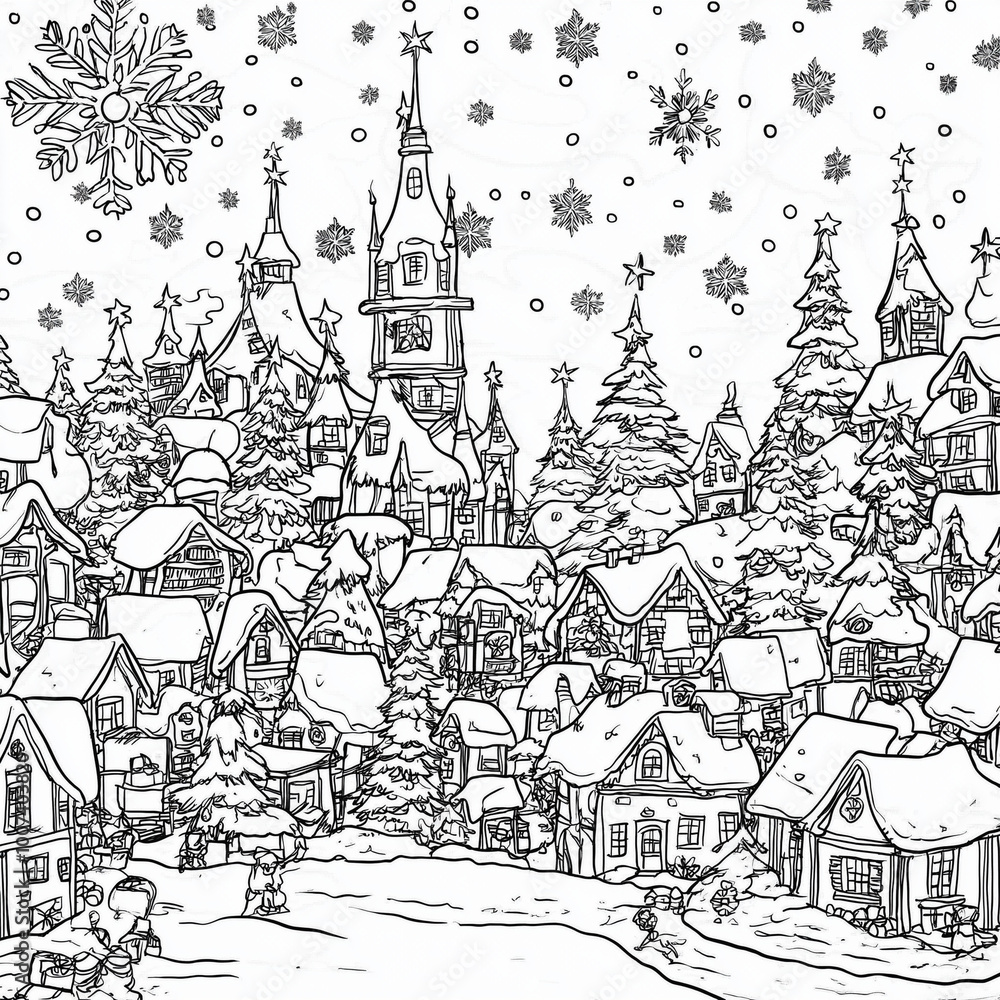 Naklejka premium Christmas Scene, Colouring in Page 