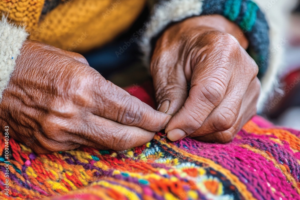 In Chaullacocha village, Andes Mountains, Peru, South America, a woman holds colorful woven fabrics In Chaullacocha village, Andes Mountains, Peru, South America, a woman holds colorful woven fabrics