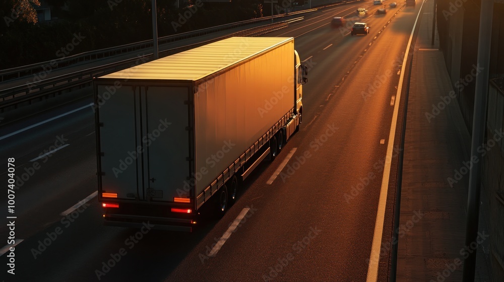 Semi Truck on Highway at Sunset Semi Truck on Highway at Sunset