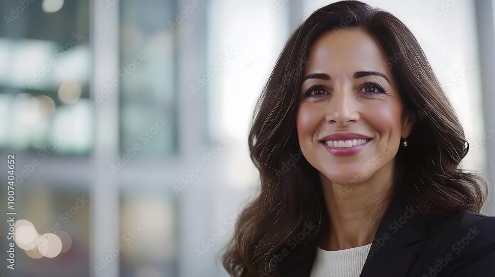 Confident businesswoman smiling in a modern office setting, showcasing professionalism and approachability. Confident businesswoman smiling in a modern office setting, showcasing professionalism and approachability.