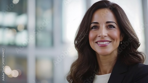 Confident businesswoman smiling in a modern office setting, showcasing professionalism and approachability.