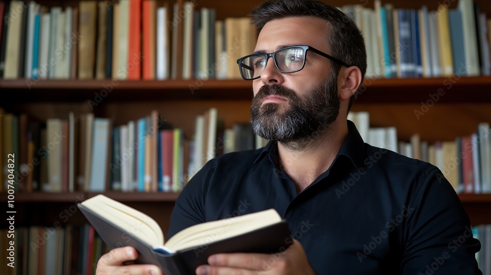 Thoughtful man reading a book in a cozy library, surrounded by shelves of literature, reflecting knowledge and introspection. Thoughtful man reading a book in a cozy library, surrounded by shelves of literature, reflecting knowledge and introspection.