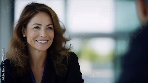 Wallpaper Mural Smiling woman in business attire sitting at a table, engaged in conversation, showcasing confidence and professionalism. Torontodigital.ca
