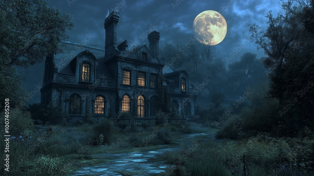 Victorian haunted mansion under a full moon in eerie forest. AI Generative Victorian haunted mansion under a full moon in eerie forest. AI Generative