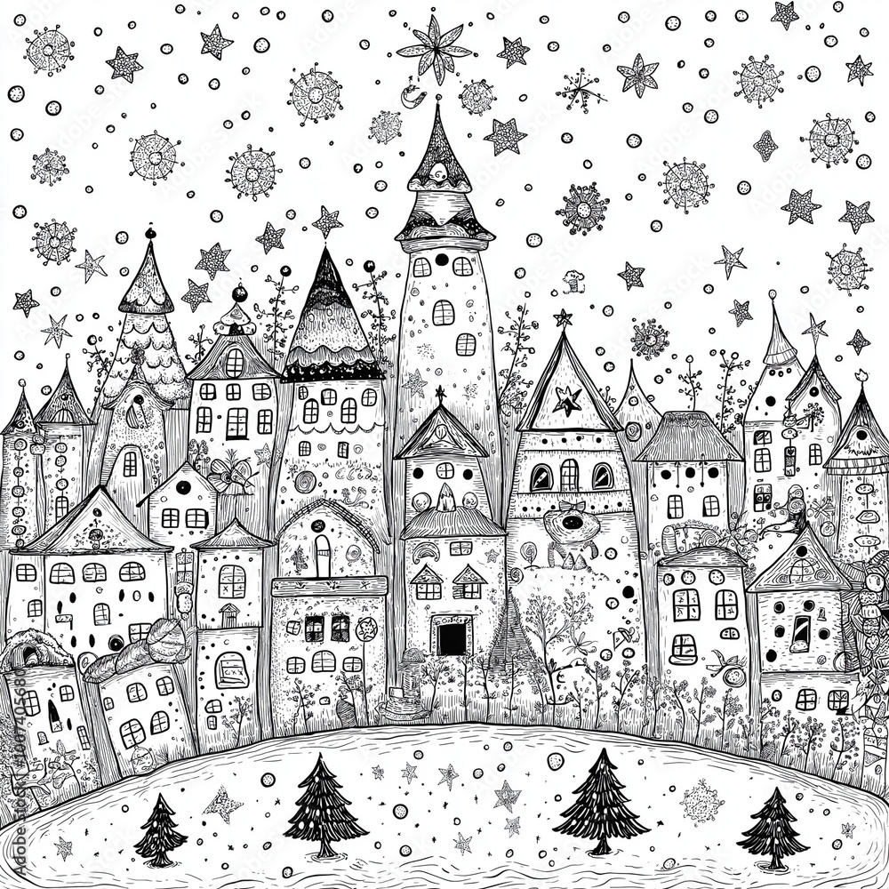 Fototapeta premium Christmas Scene, Colouring in Page