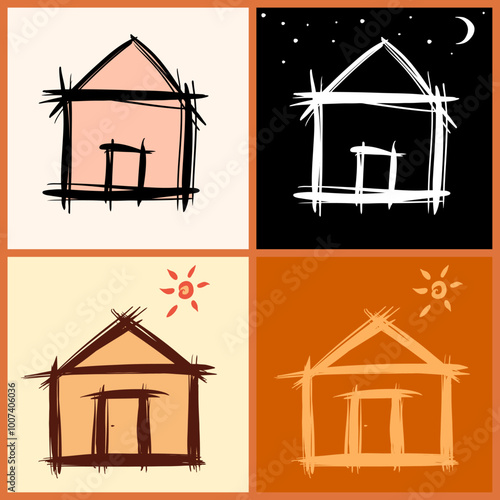 House, doodle drawing. Shack, hovel, shed decorative art with sun or night sky with stars and moon. 