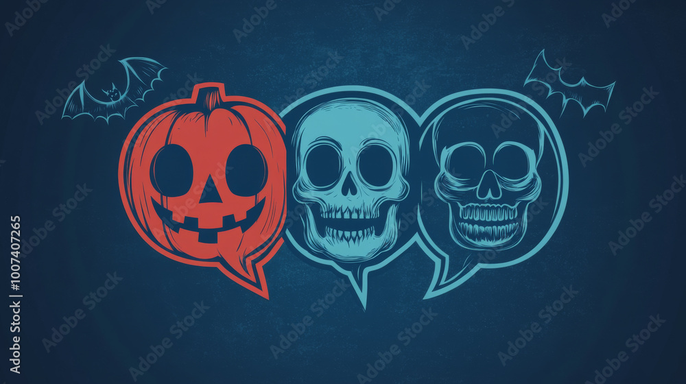 Spooky Halloween speech bubbles with a jack-o-lantern, and two skulls Spooky Halloween speech bubbles with a jack-o-lantern, and two skulls