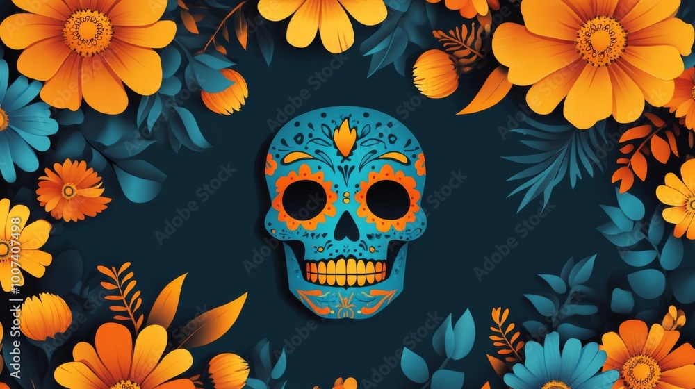 Vibrant vector illustration for Dia de Los Muertos, showcasing traditional Mexican elements such as sugar skulls, marigolds, and colorful decorations. Vibrant vector illustration for Dia de Los Muertos, showcasing traditional Mexican elements such as sugar skulls, marigolds, and colorful decorations.