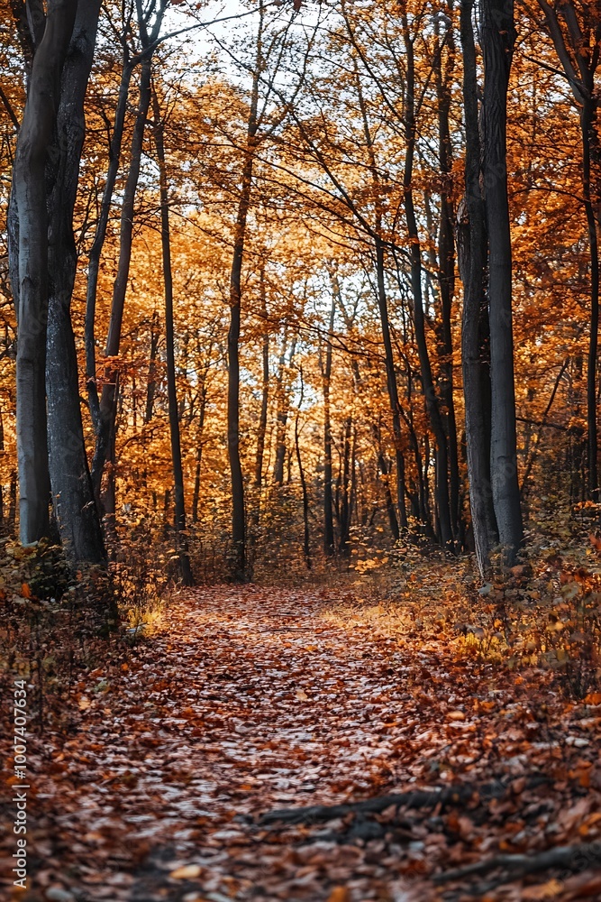 Fototapeta premium Autumn Forest Path with Sun Shining Through Golden Leaves