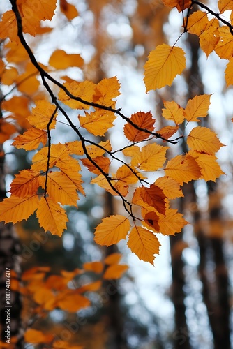 Golden autumn leaves on tree branch, blurry background, nature wallpaper