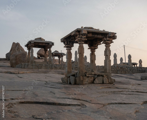 Temples on the gentle slopes of Hemakutta Hill in Hampi. India.