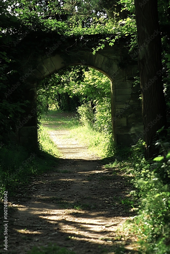 Obraz premium Stone archway in a forest, leading to a mysterious path
