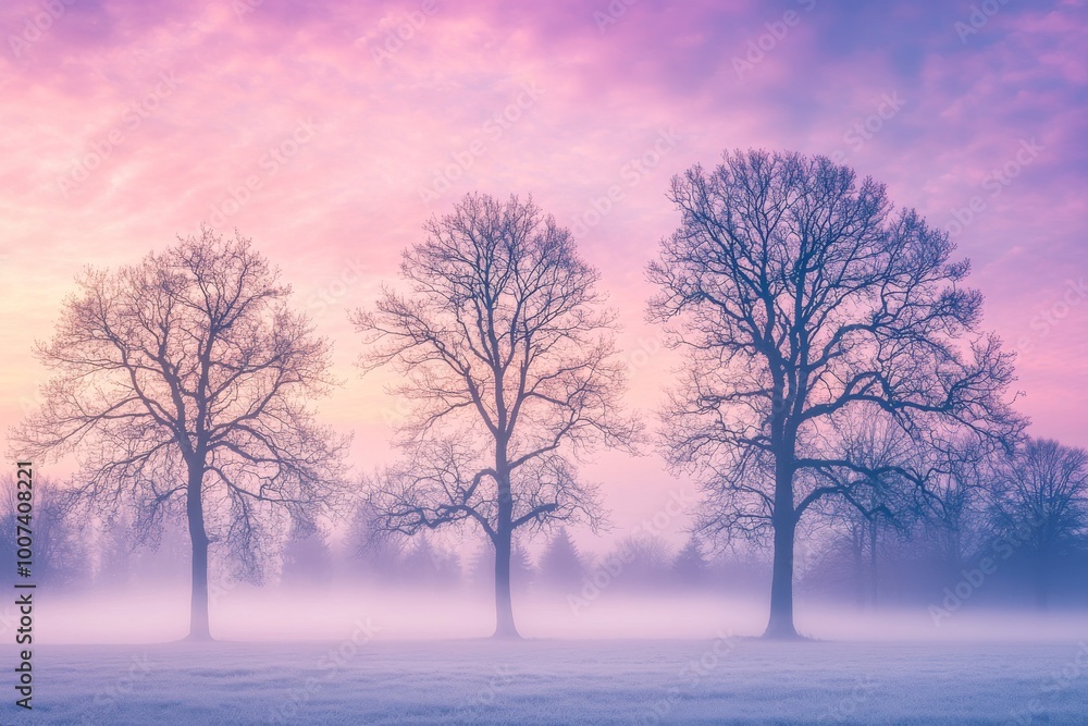 In Hesse, Germany, at dawn, bare trees and misty meadows contrast with the autumnal colours In Hesse, Germany, at dawn, bare trees and misty meadows contrast with the autumnal colours