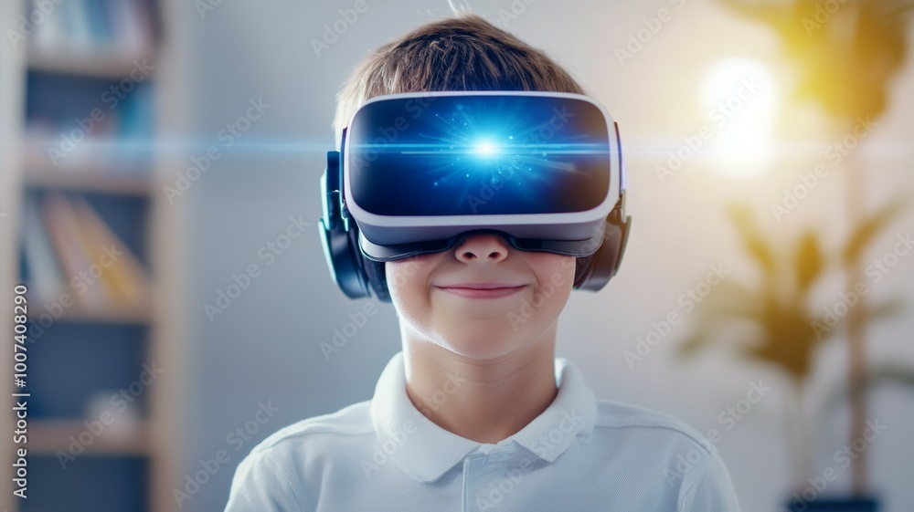 A young boy is wearing a virtual reality headset and smiling A young boy is wearing a virtual reality headset and smiling