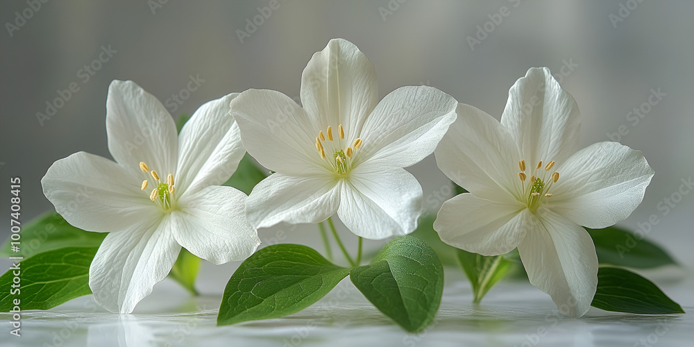 Fototapeta premium a group of white flowers with green leaves