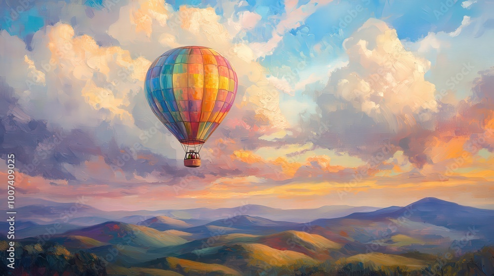 Fototapeta premium Dreamy Hot Air Balloon Journey through Pastel Skies - Cinematic Landscape Painting with Rolling Hills, Mountains, and Clouds for Wanderlust and Travel Inspiration