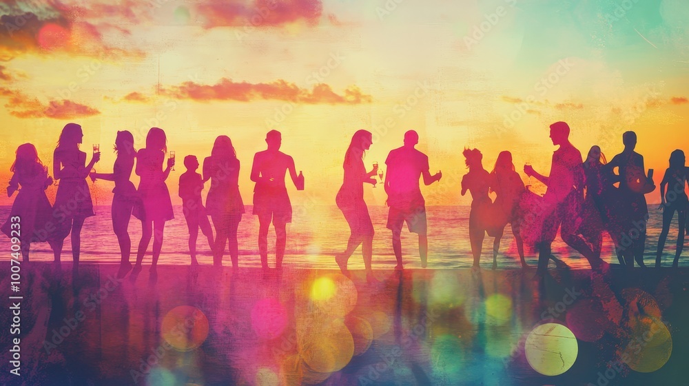 Fototapeta premium Sunset Beach Party Delight: Lively Double Exposure of Young People Dancing and Socializing with Drinks on Pastel Background