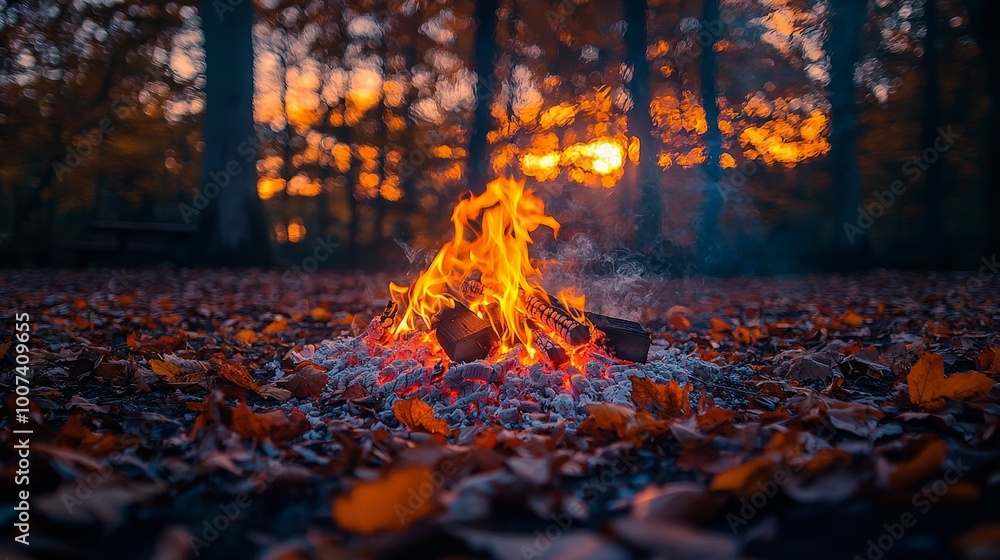 A cozy campfire surrounded by autumn leaves at sunset, creating a warm atmosphere. A cozy campfire surrounded by autumn leaves at sunset, creating a warm atmosphere.