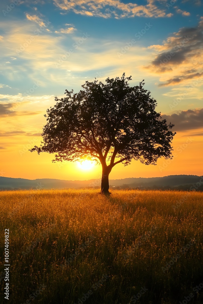Fototapeta premium Silhouetted Tree in a Field at Sunset, Nature Photography