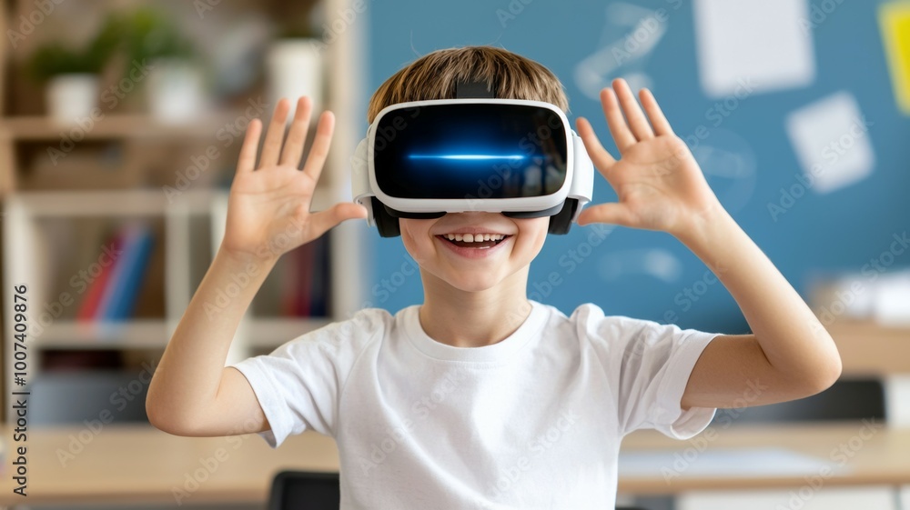 A young boy is wearing a virtual reality headset and smiling A young boy is wearing a virtual reality headset and smiling