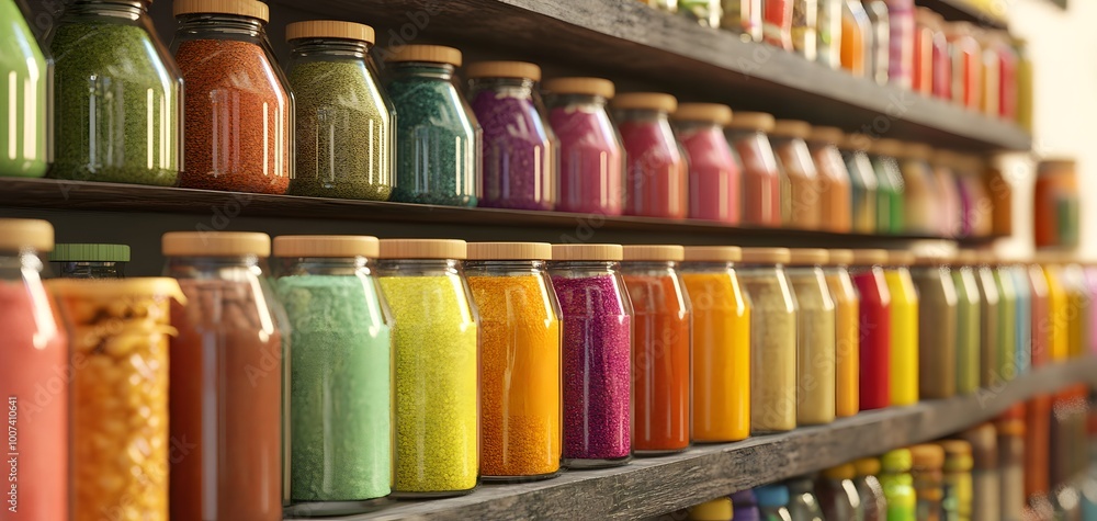 A vibrant display of colorful jars lined on a wooden shelf, showcasing a variety of spices and ingredients in a warm kitchen setting. A vibrant display of colorful jars lined on a wooden shelf, showcasing a variety of spices and ingredients in a warm kitchen setting.